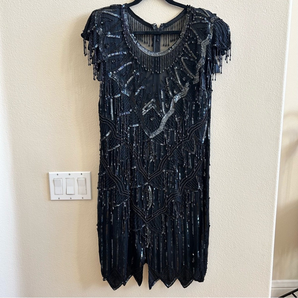 Vintage Scala Abstract Beaded Mini Dress Black Sequins & Tear Drop Beads XL